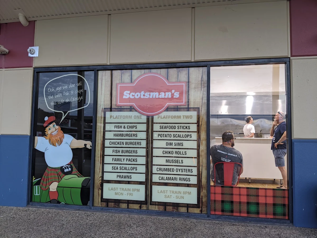 Menu, Scotsman's Fish + Chips + Burgers