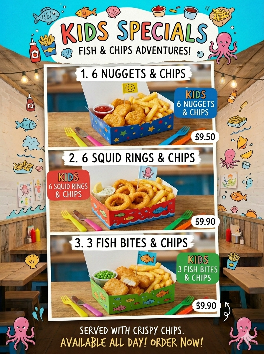 Menu, Scotsman's Fish + Chips + Burgers