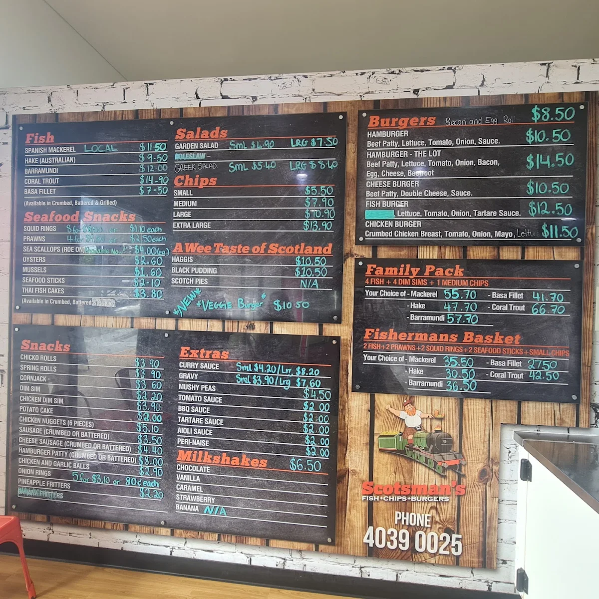 Menu, Scotsman's Fish + Chips + Burgers