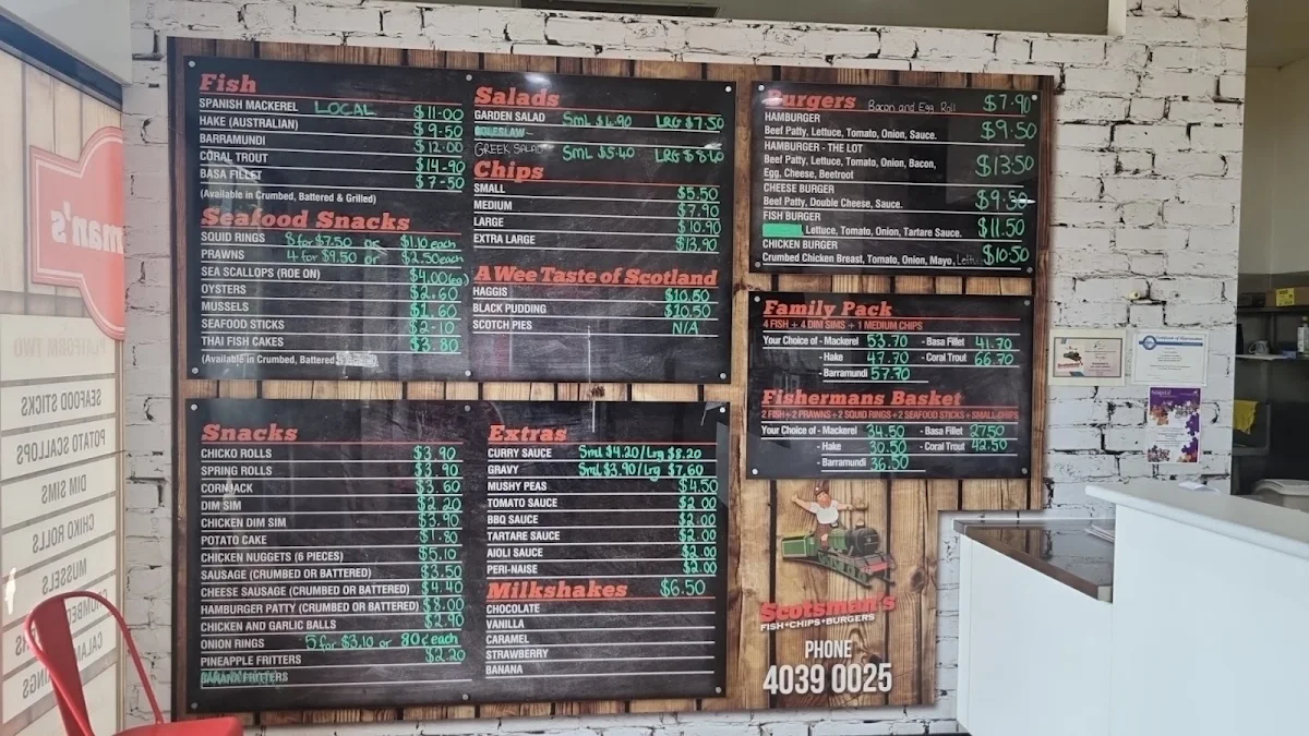 Menu, Scotsman's Fish + Chips + Burgers