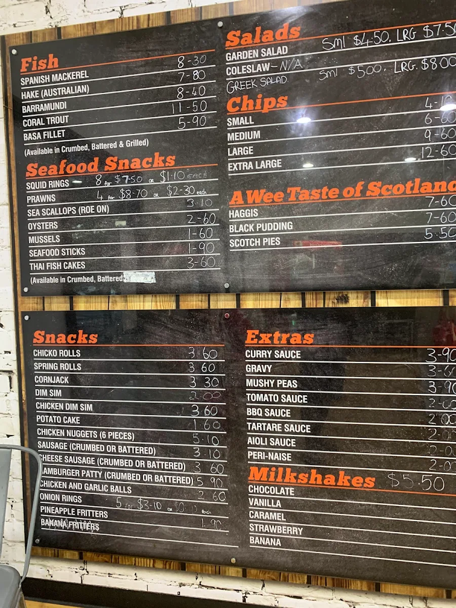 Menu, Scotsman's Fish + Chips + Burgers
