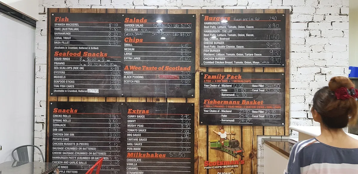 Menu, Scotsman's Fish + Chips + Burgers