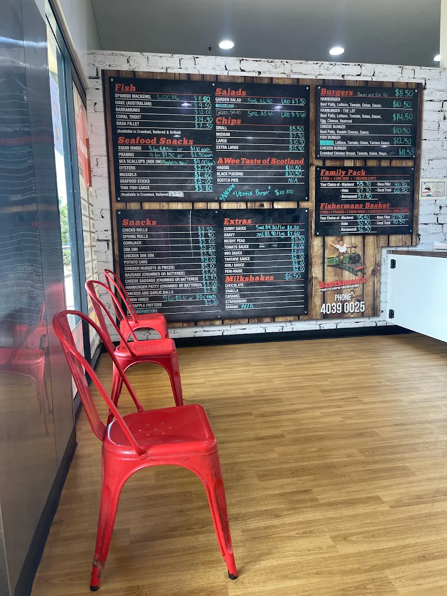 Menu, Scotsman's Fish + Chips + Burgers