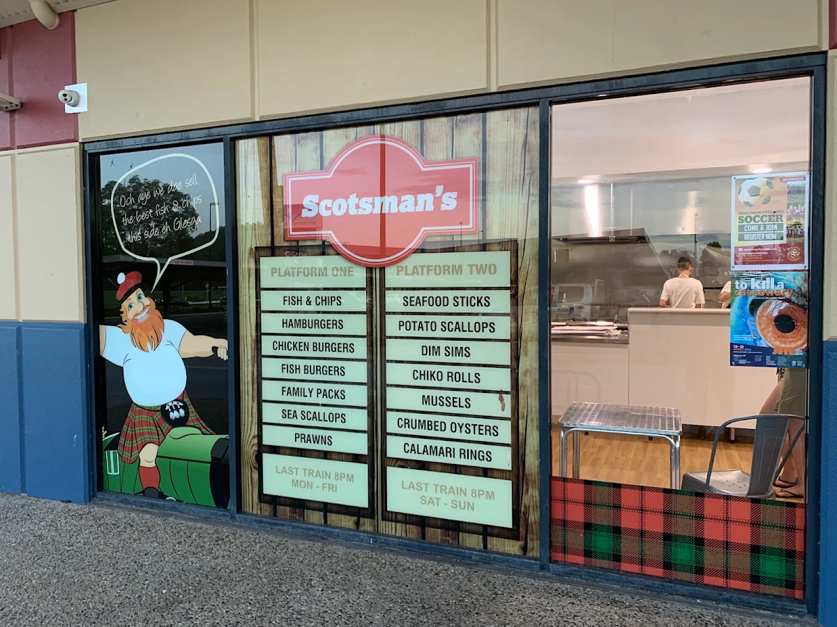 Menu, Scotsman's Fish + Chips + Burgers