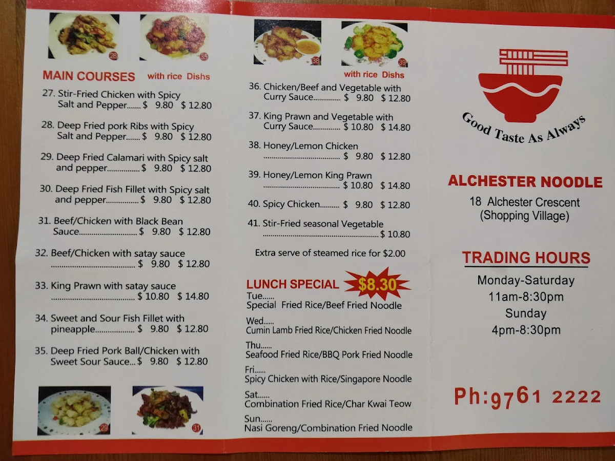 Menu, Alchester Noodle Bar