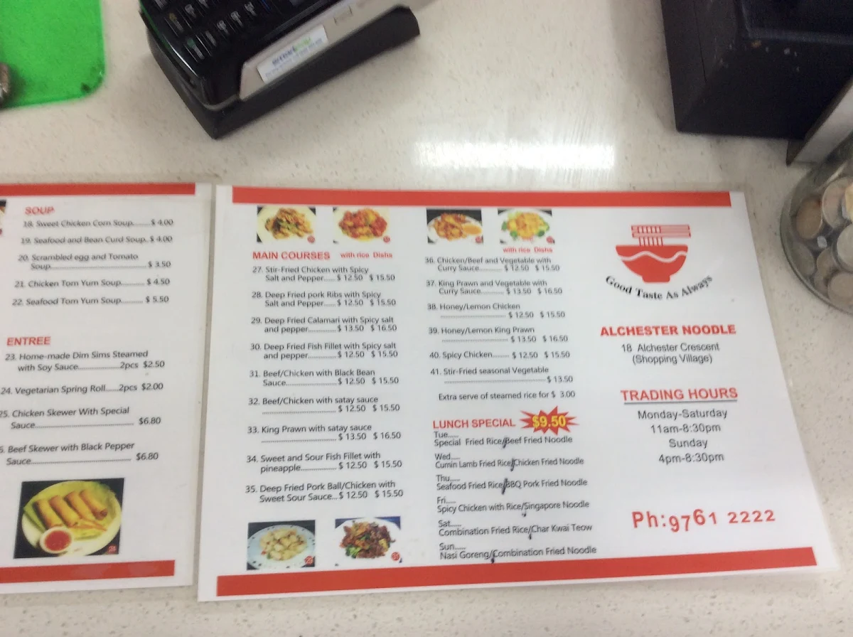 Menu, Alchester Noodle Bar