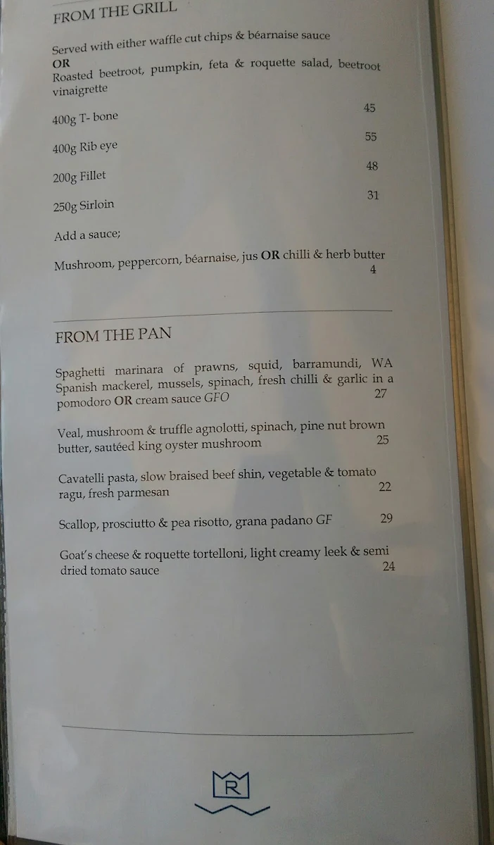 Menu, The Royal on the Waterfront