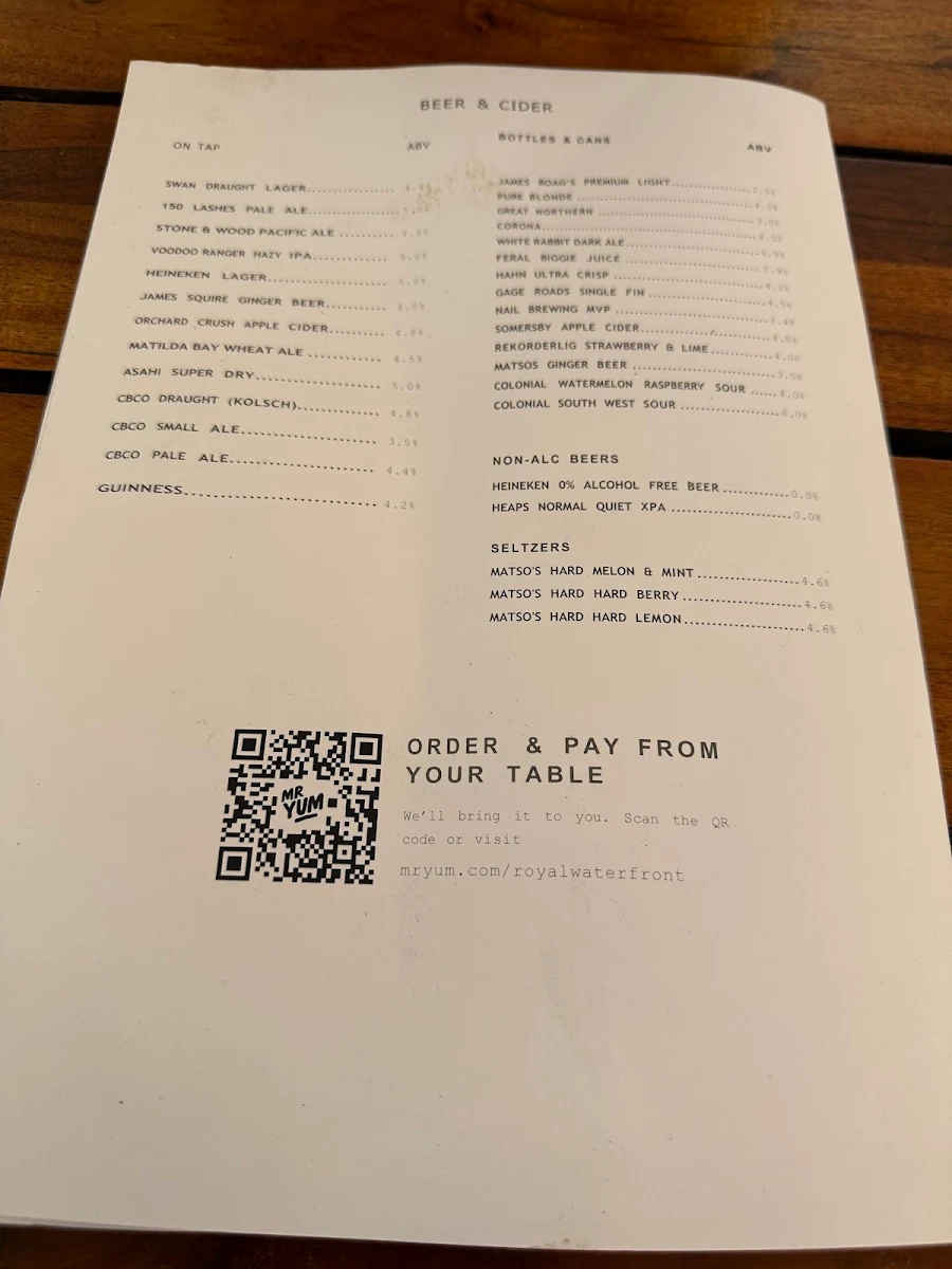 Menu, The Royal on the Waterfront