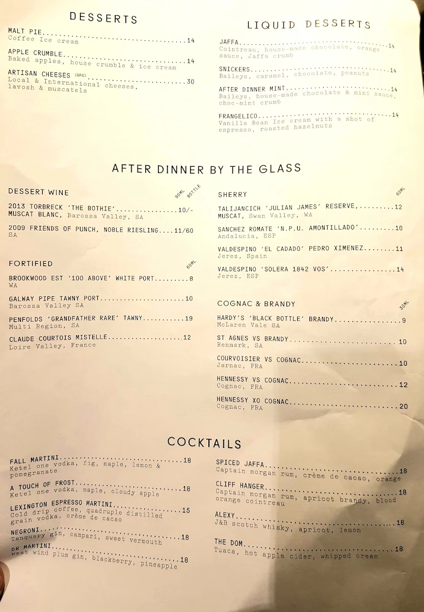 Menu, The Royal on the Waterfront