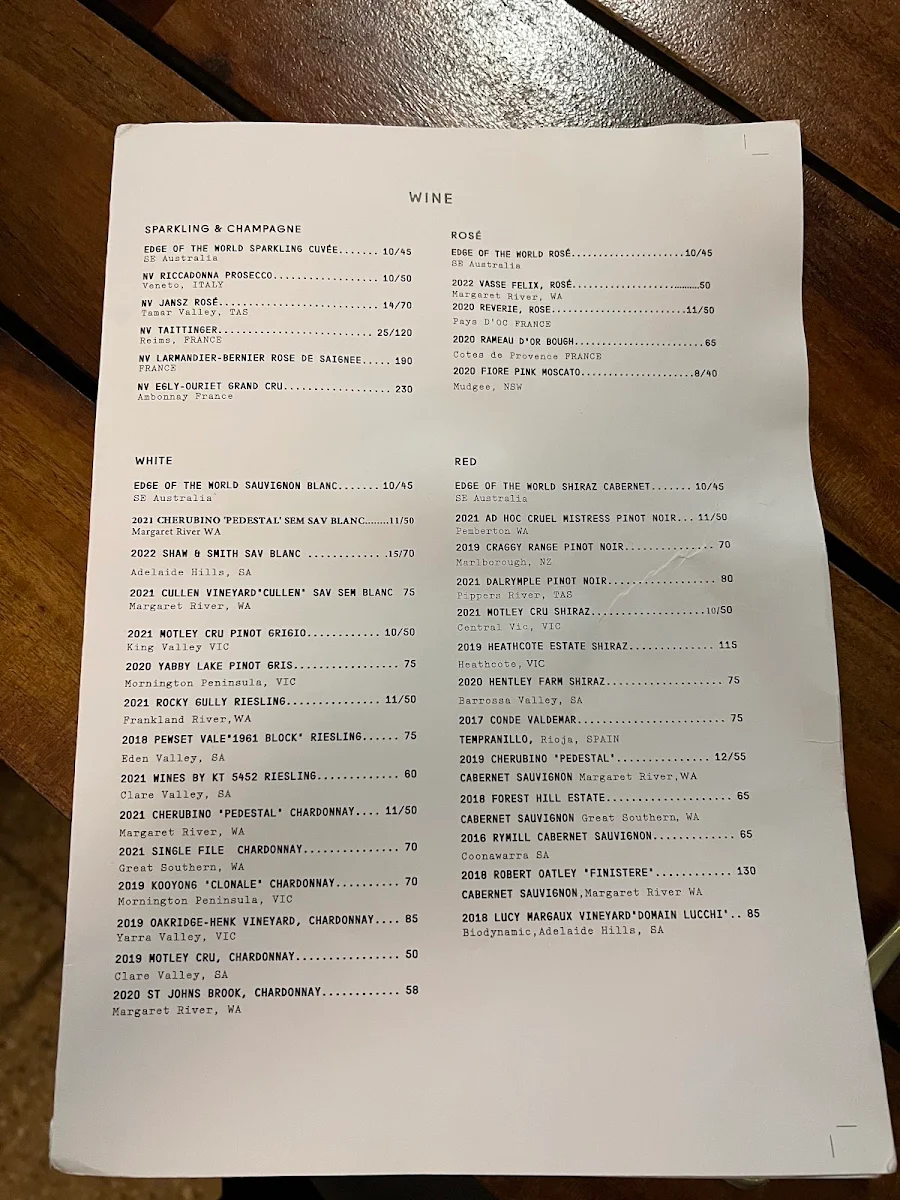 Menu, The Royal on the Waterfront