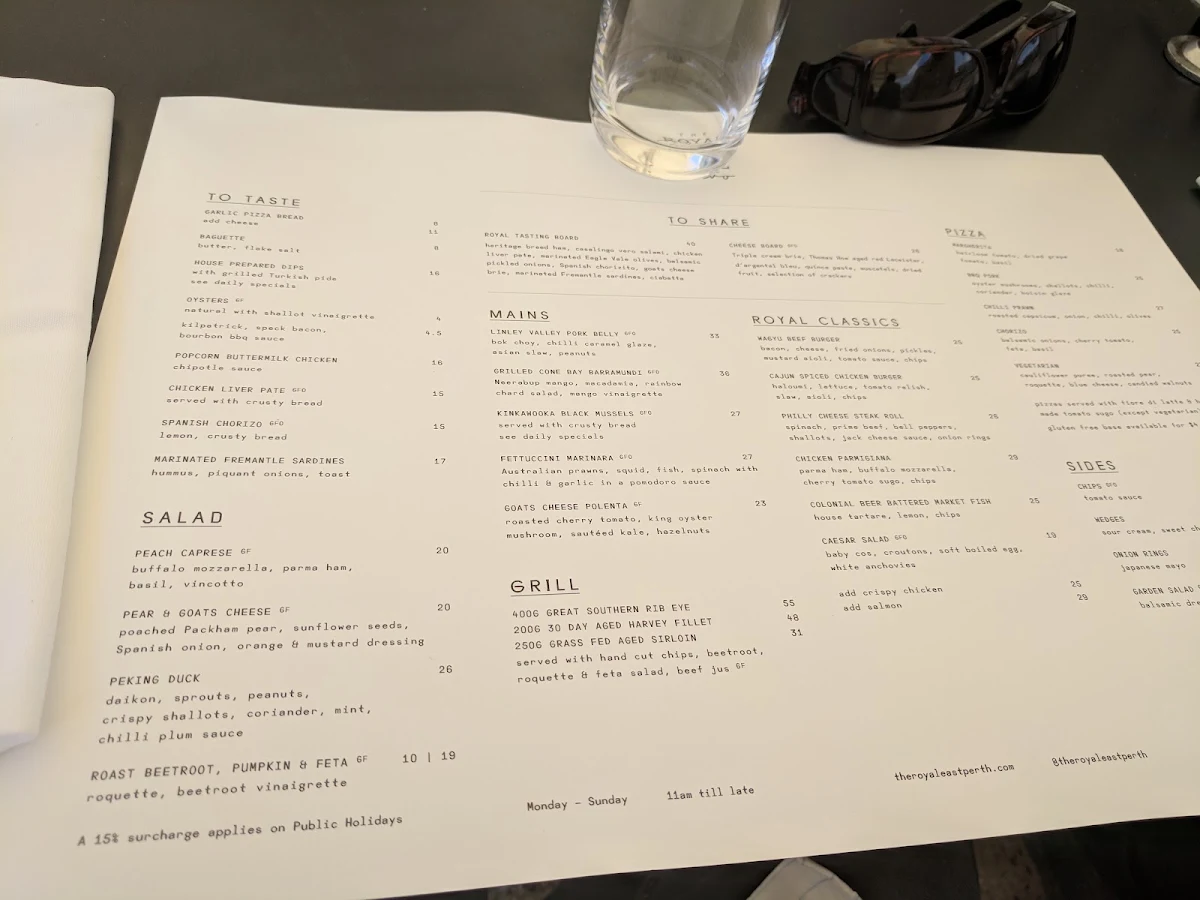 Menu, The Royal on the Waterfront