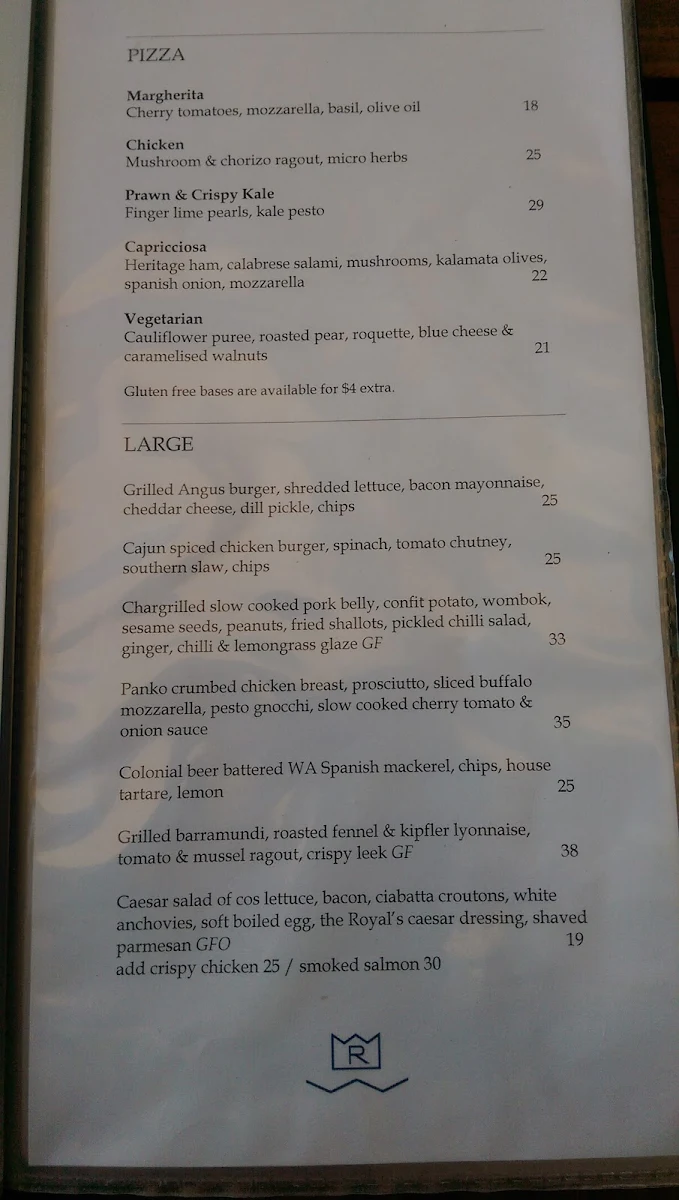 Menu, The Royal on the Waterfront