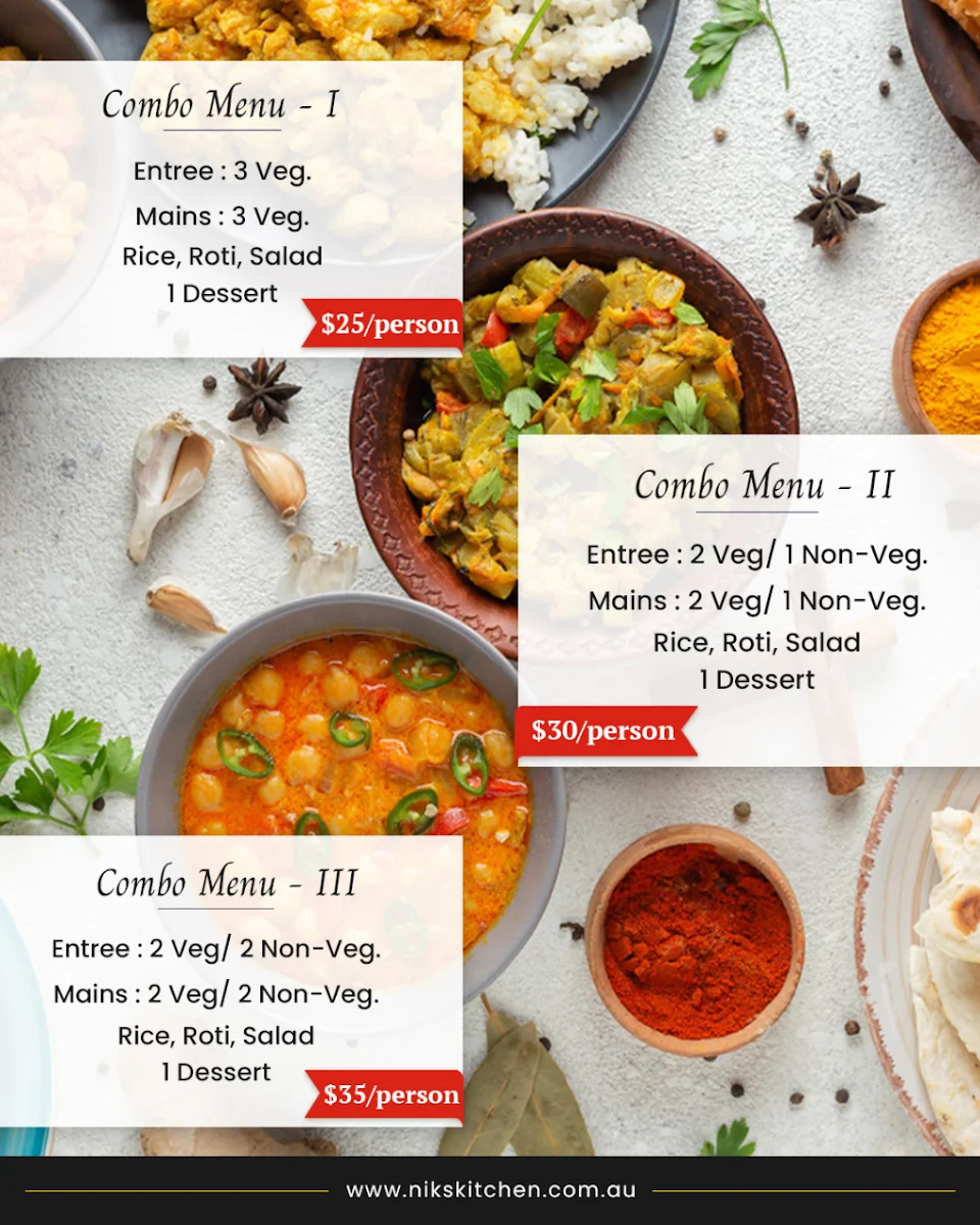 Menu, Nik's Kitchen Tiffin & Catering Service