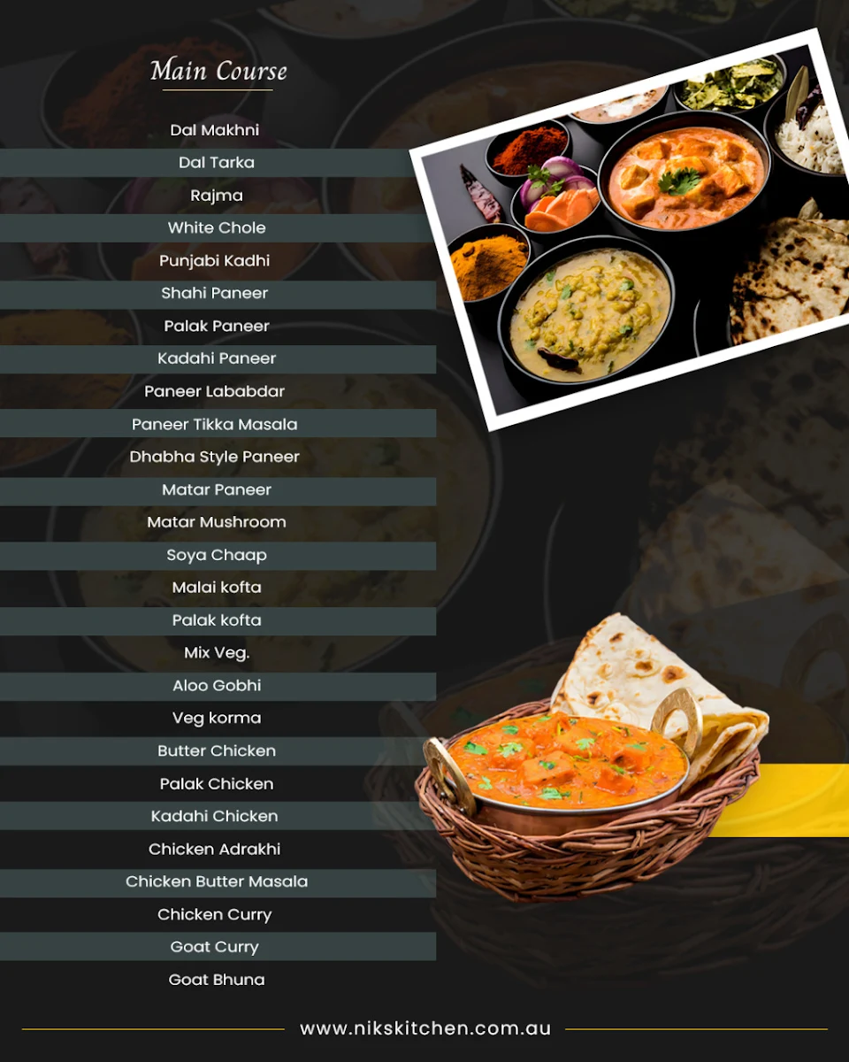 Menu, Nik's Kitchen Tiffin & Catering Service