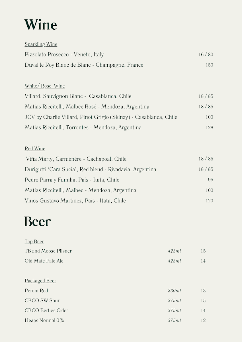 Menu, Santana Rooftop Bar