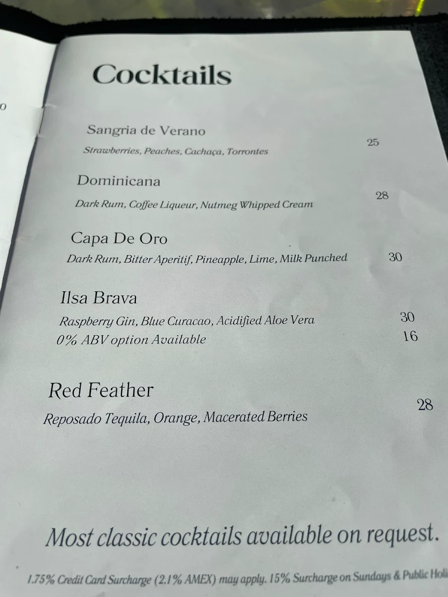 Menu, Santana Rooftop Bar