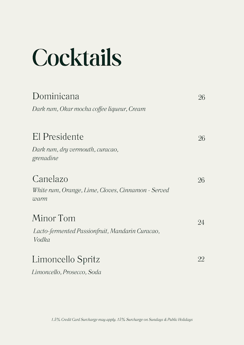 Menu, Santana Rooftop Bar