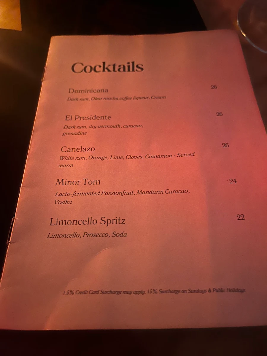 Menu, Santana Rooftop Bar