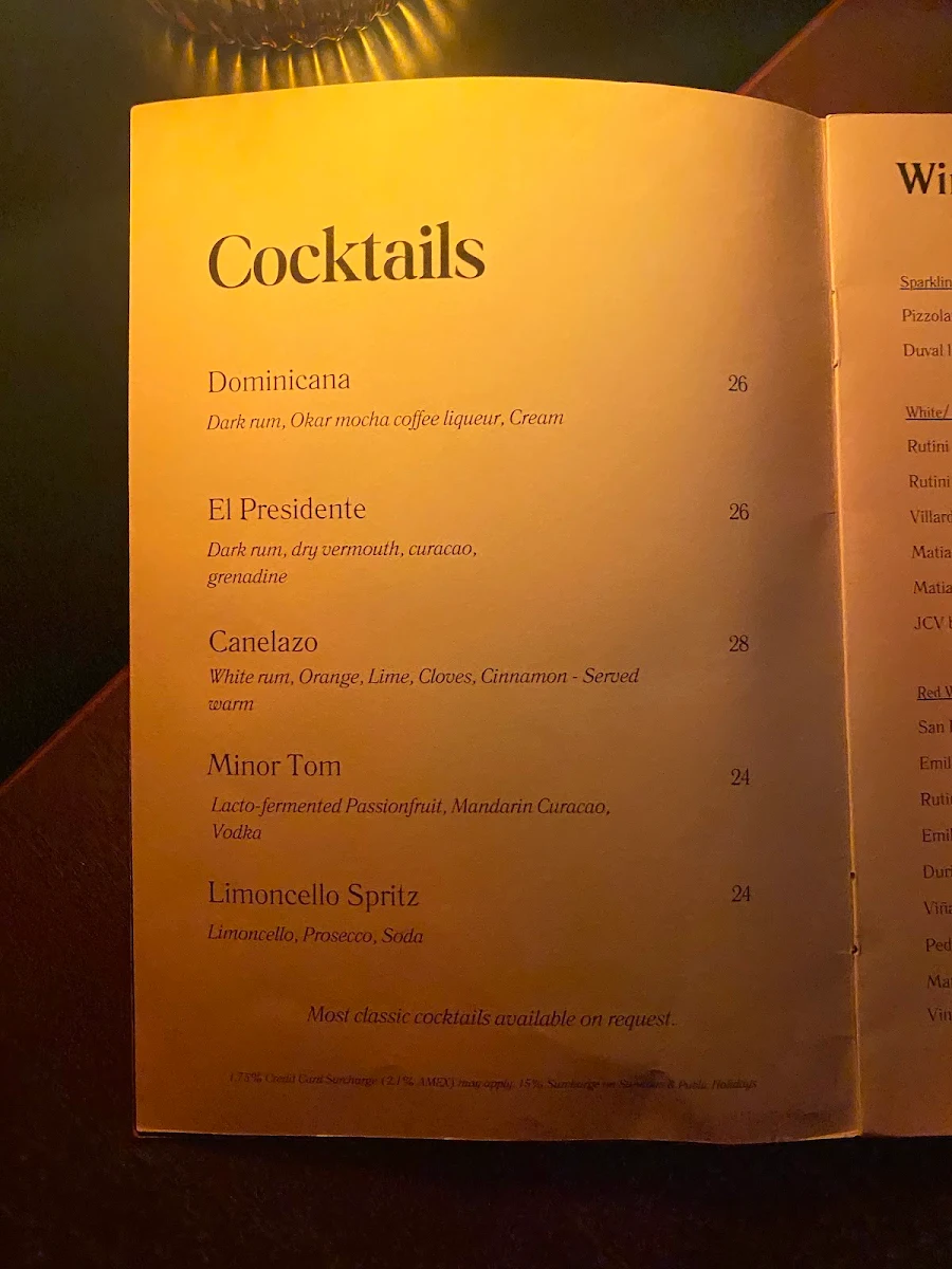 Menu, Santana Rooftop Bar