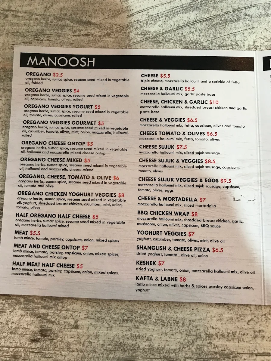 Menu, Sydney Manoosh Chipping Norton