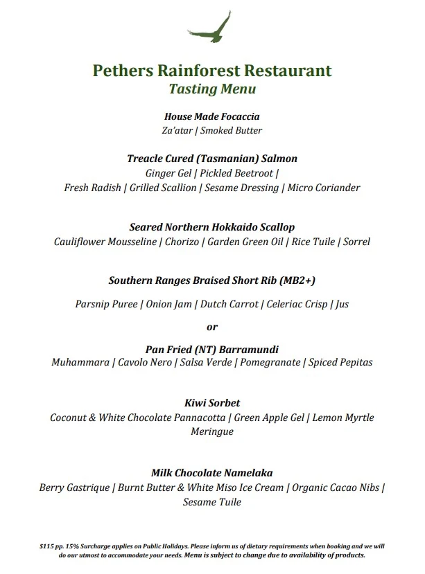 Menu, Pethers Restaurant