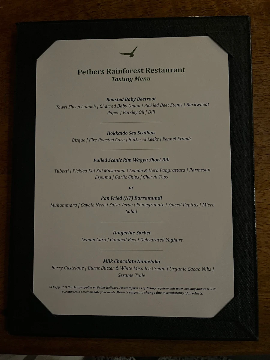 Menu, Pethers Restaurant
