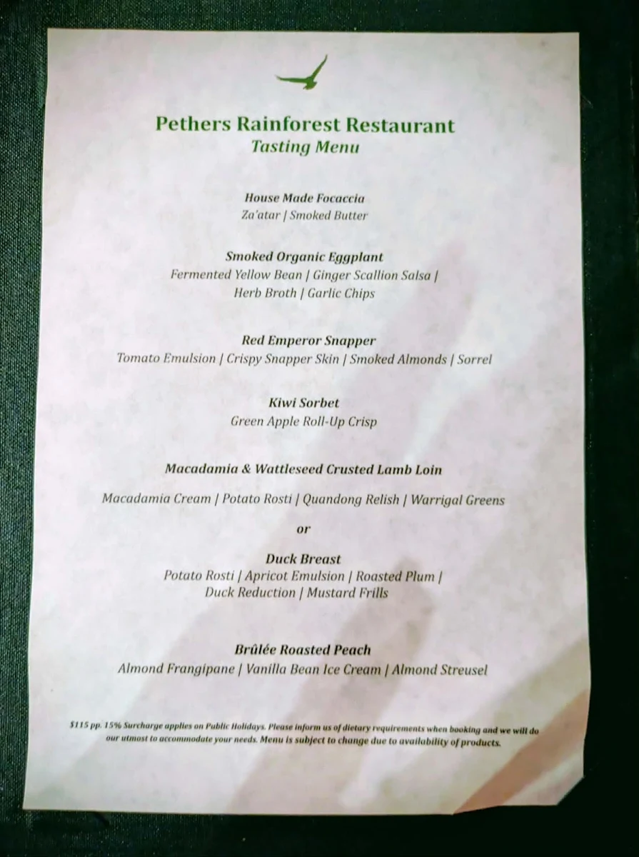 Menu, Pethers Restaurant