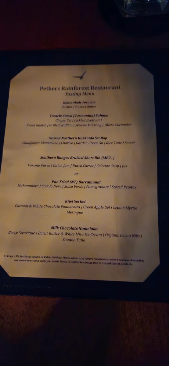 Menu, Pethers Restaurant