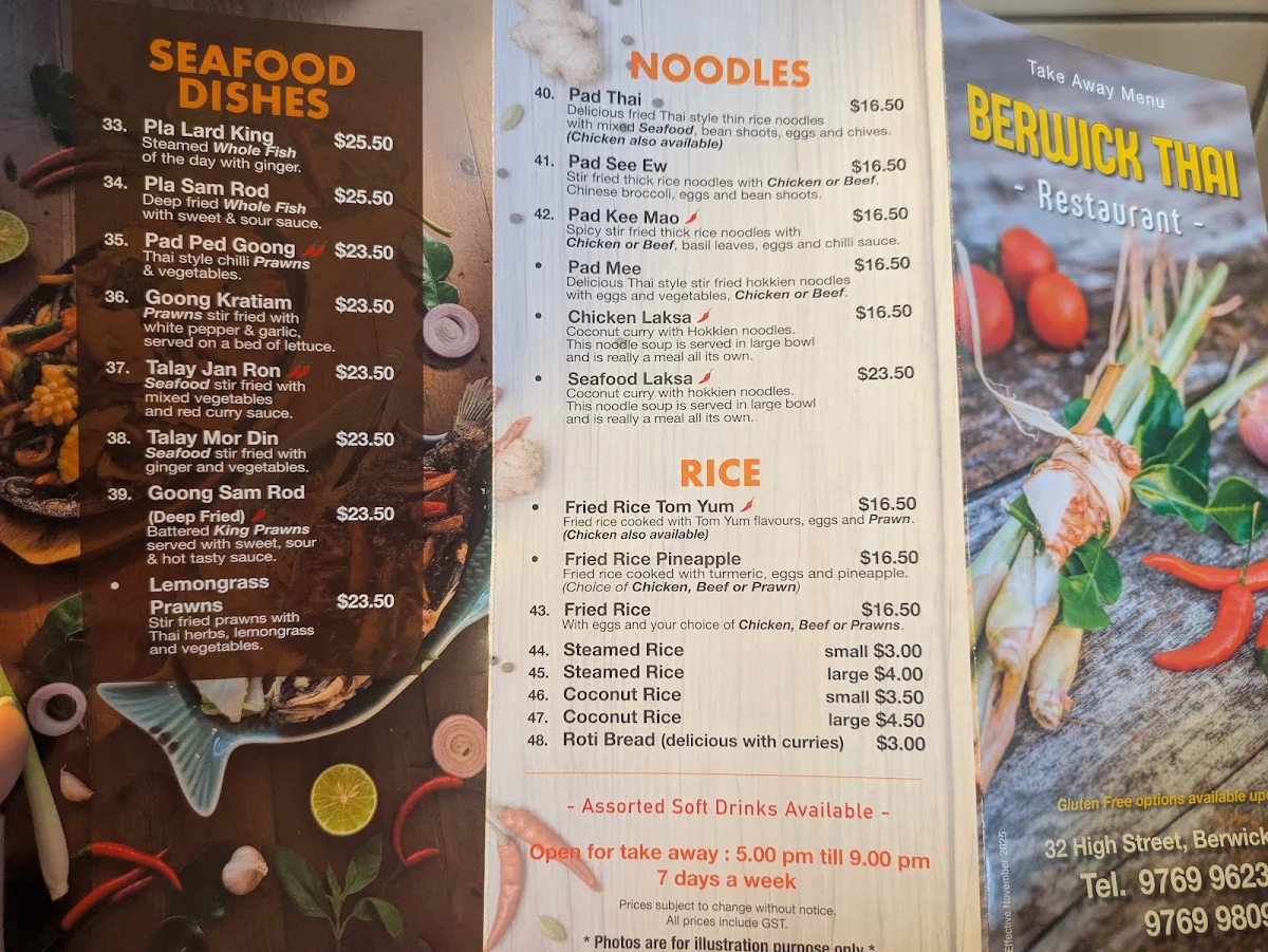 Menu, Berwick Thai Restaurant