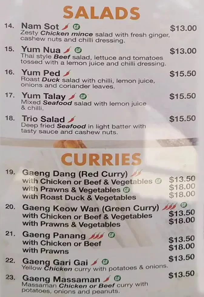 Menu, Berwick Thai Restaurant