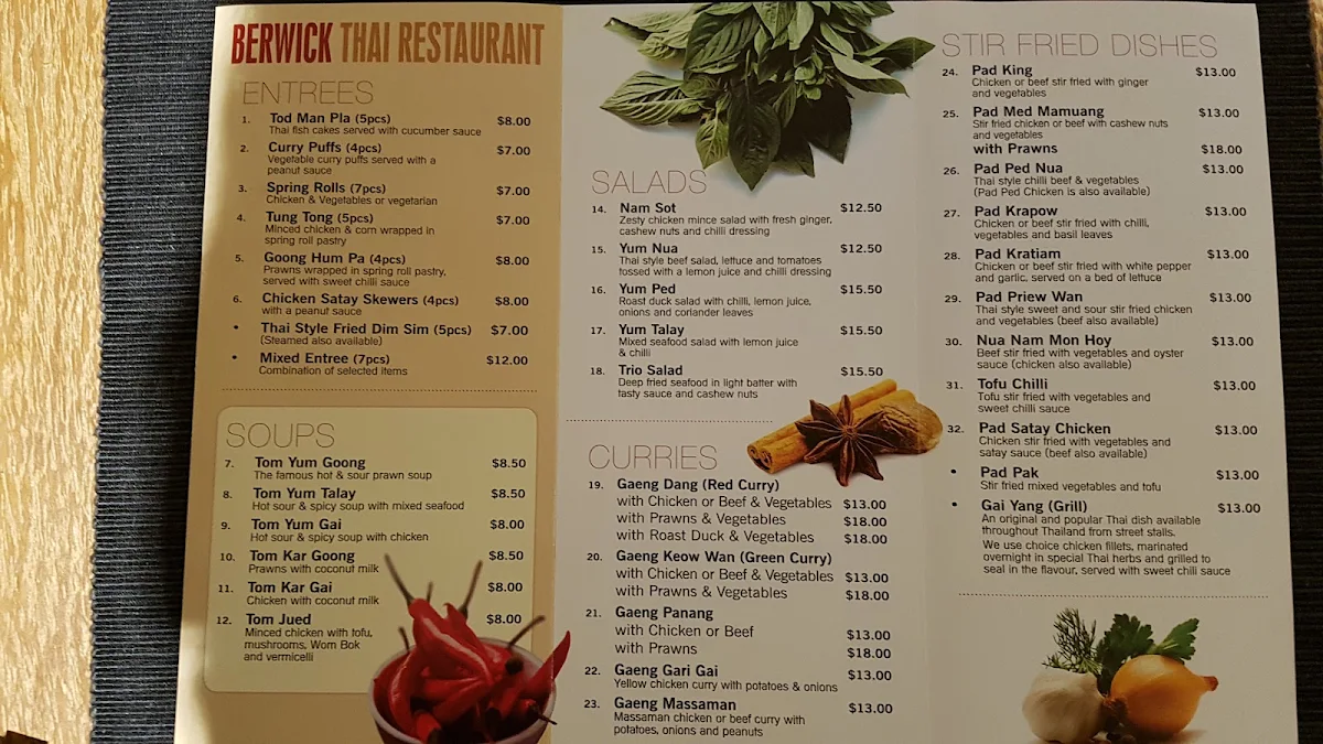 Menu, Berwick Thai Restaurant