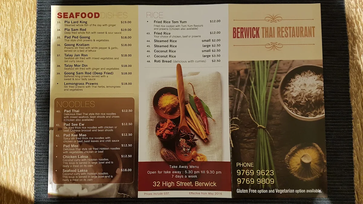 Menu, Berwick Thai Restaurant