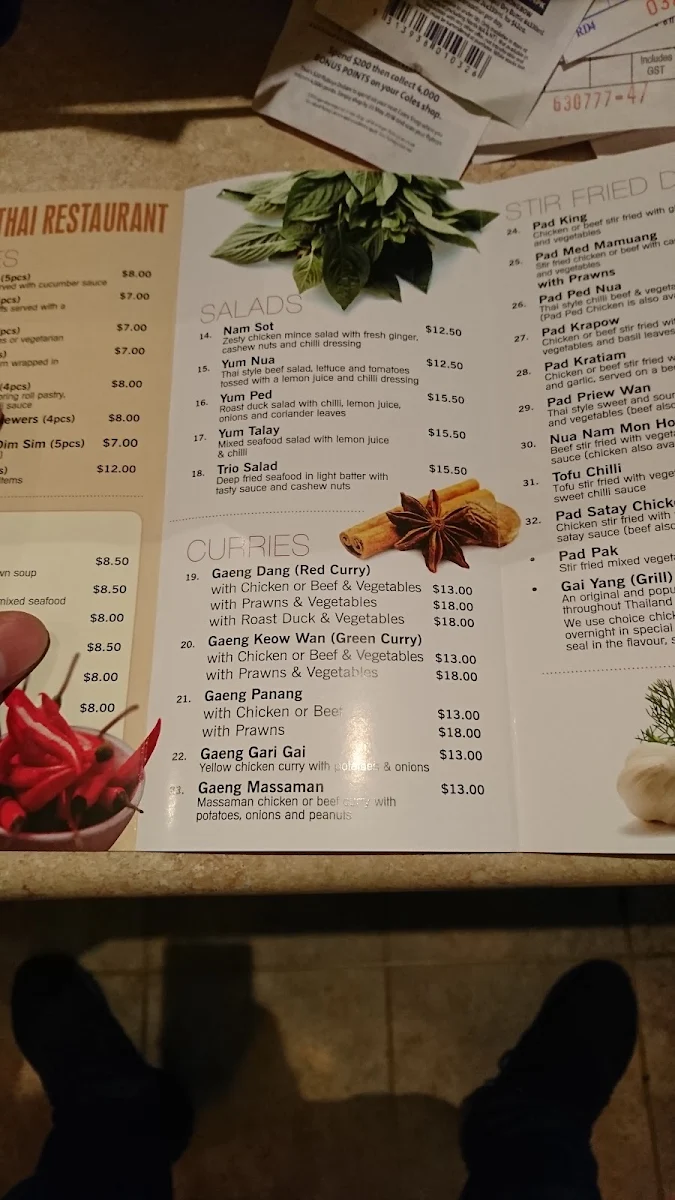 Menu, Berwick Thai Restaurant