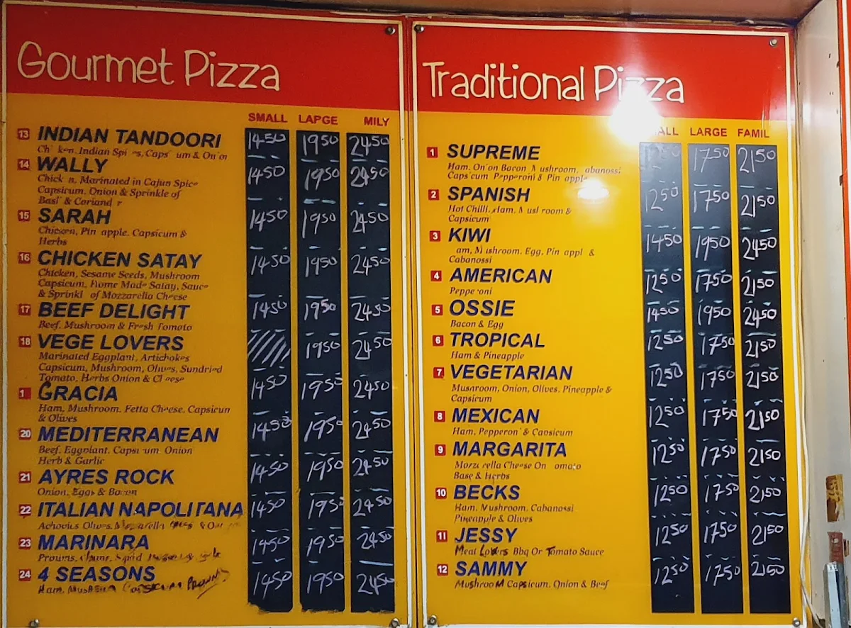 Menu, Wally & Ossies Pizza