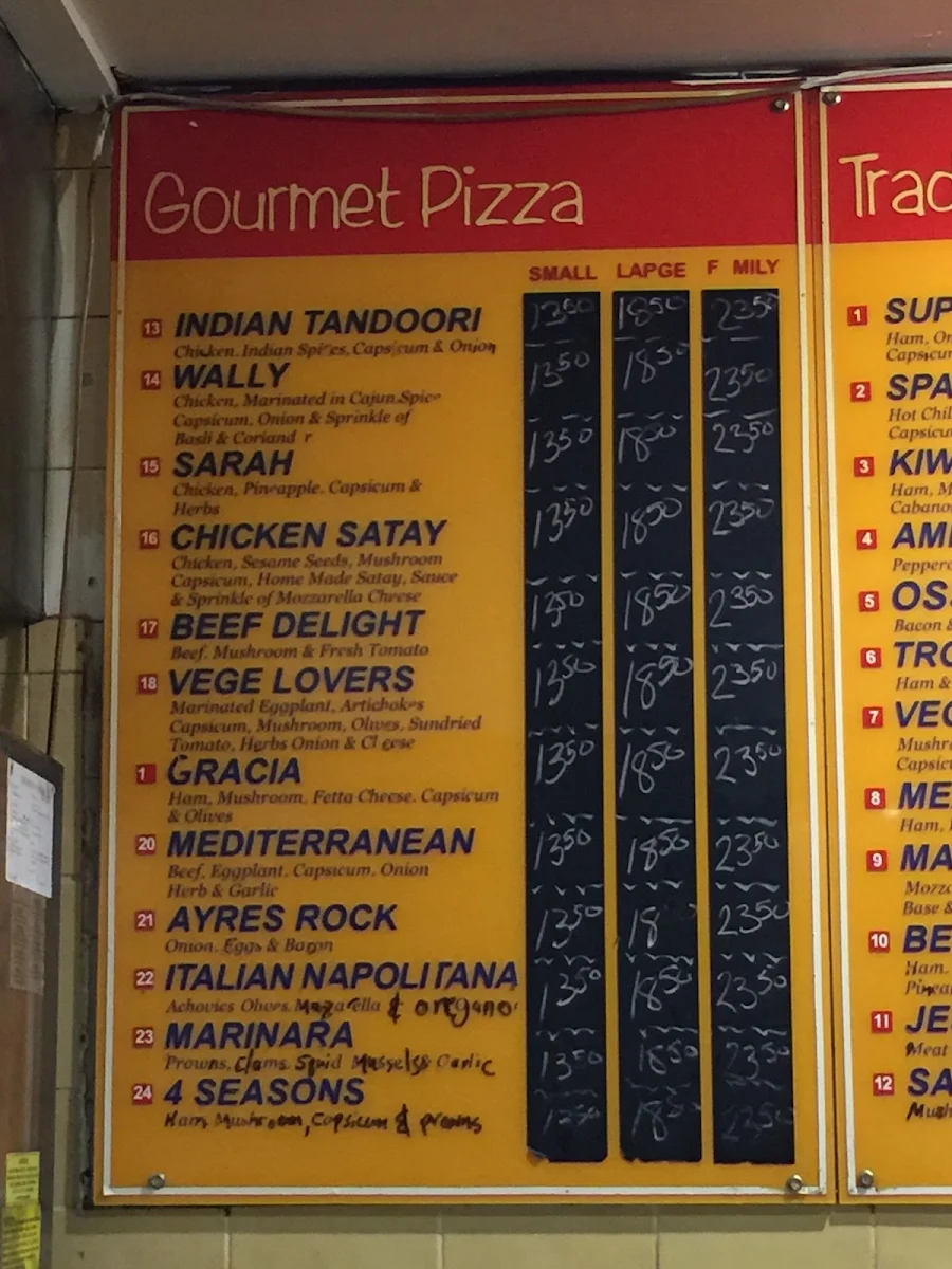 Menu, Wally & Ossies Pizza