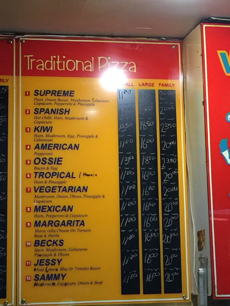Menu, Wally & Ossies Pizza