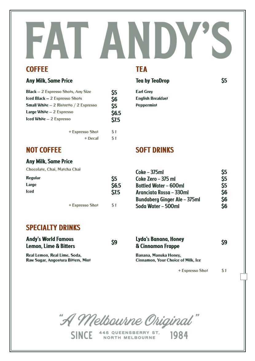 Menu, Fat Andy's