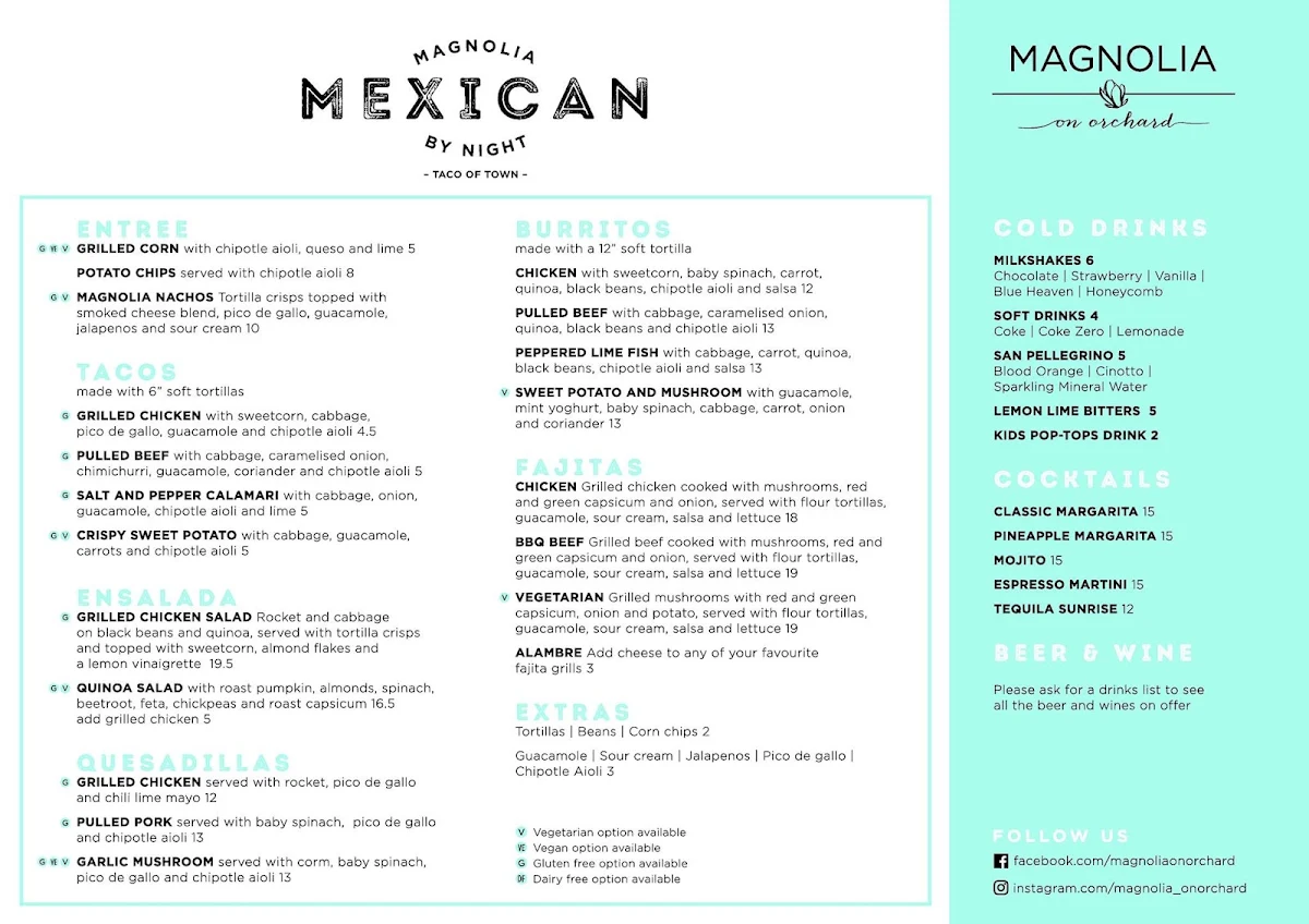 Menu, Magnolia on Orchard