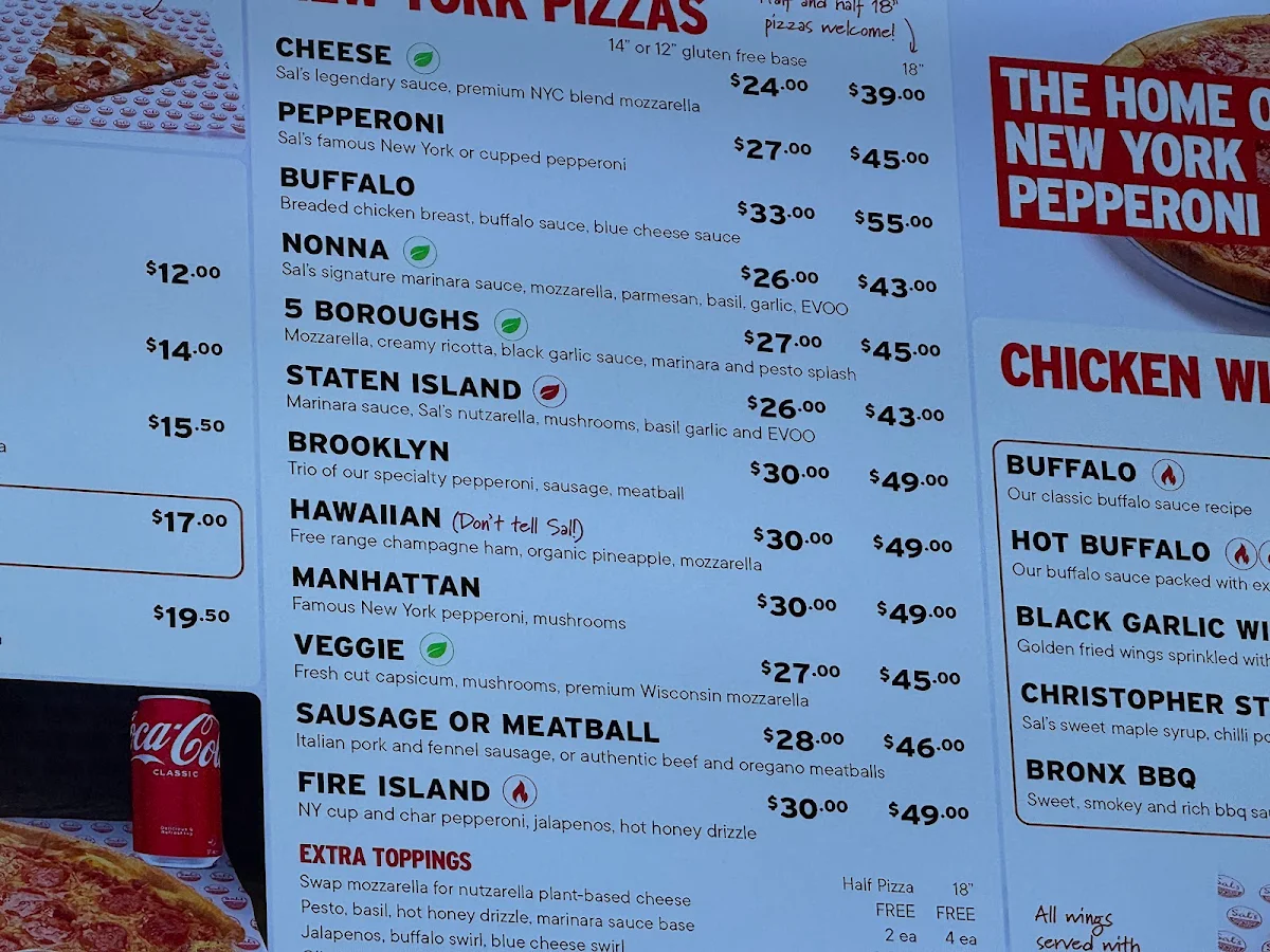 Menu, Sal's Authentic New York Pizza - Parramatta