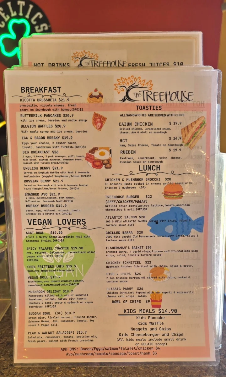 Menu, Tree House Cafe & Bar