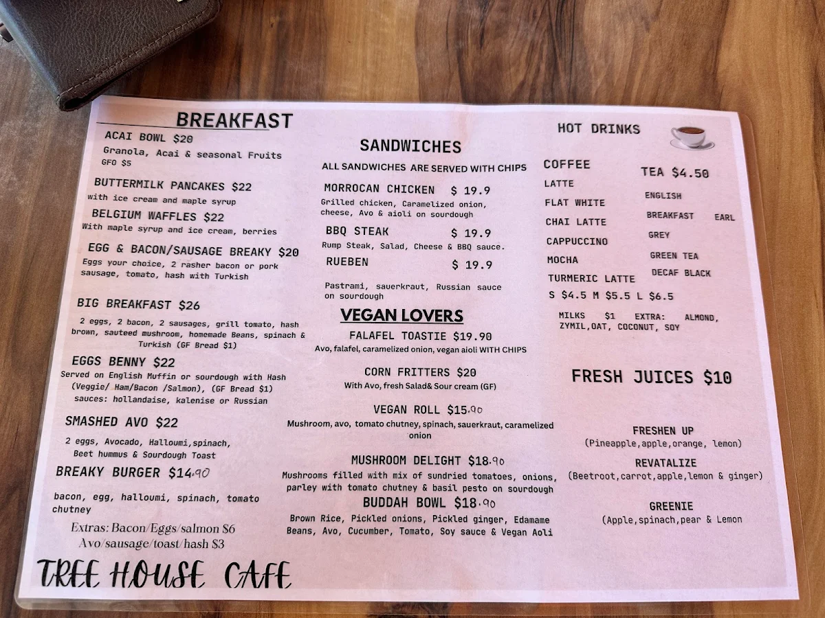 Menu, Tree House Cafe & Bar