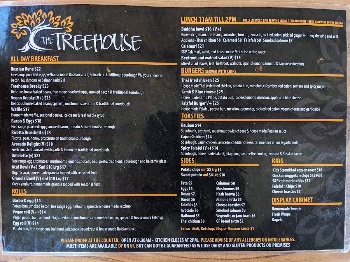 Menu, Tree House Cafe & Bar