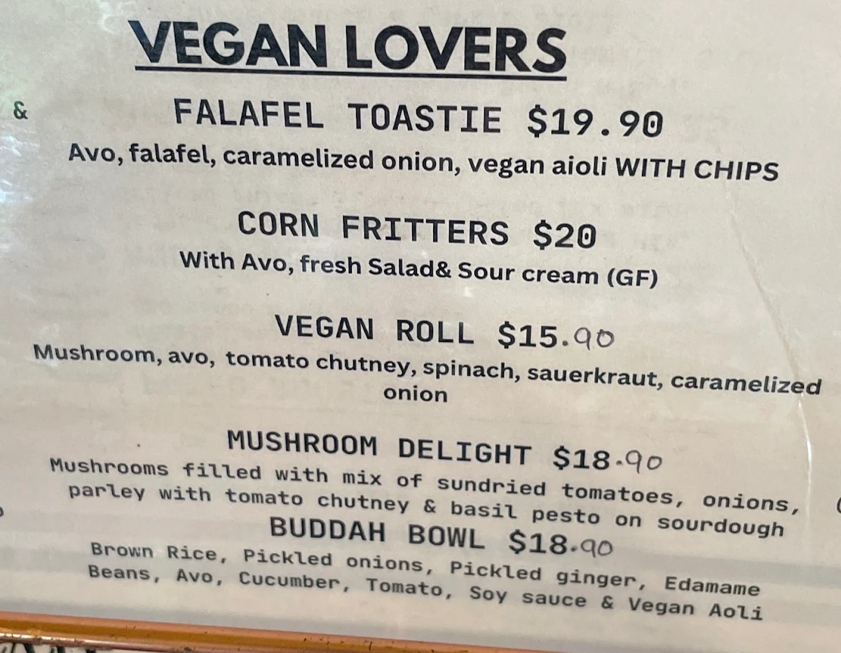 Menu, Tree House Cafe & Bar