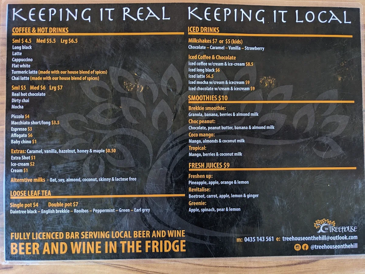 Menu, Tree House Cafe & Bar