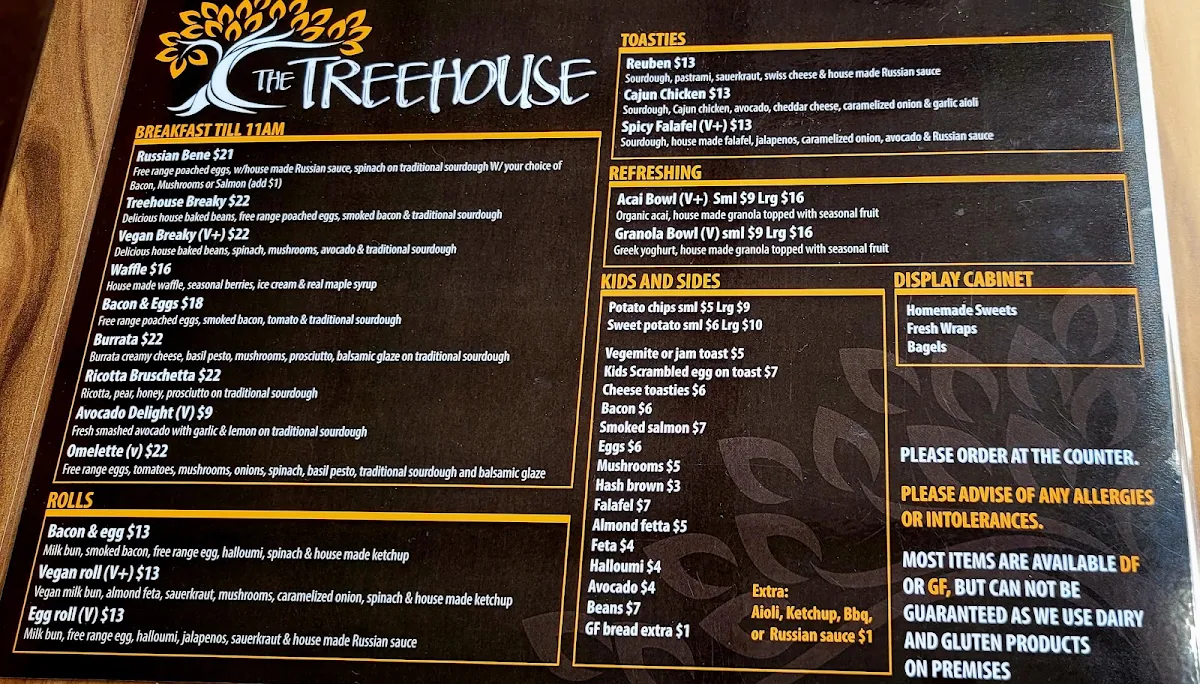 Menu, Tree House Cafe & Bar