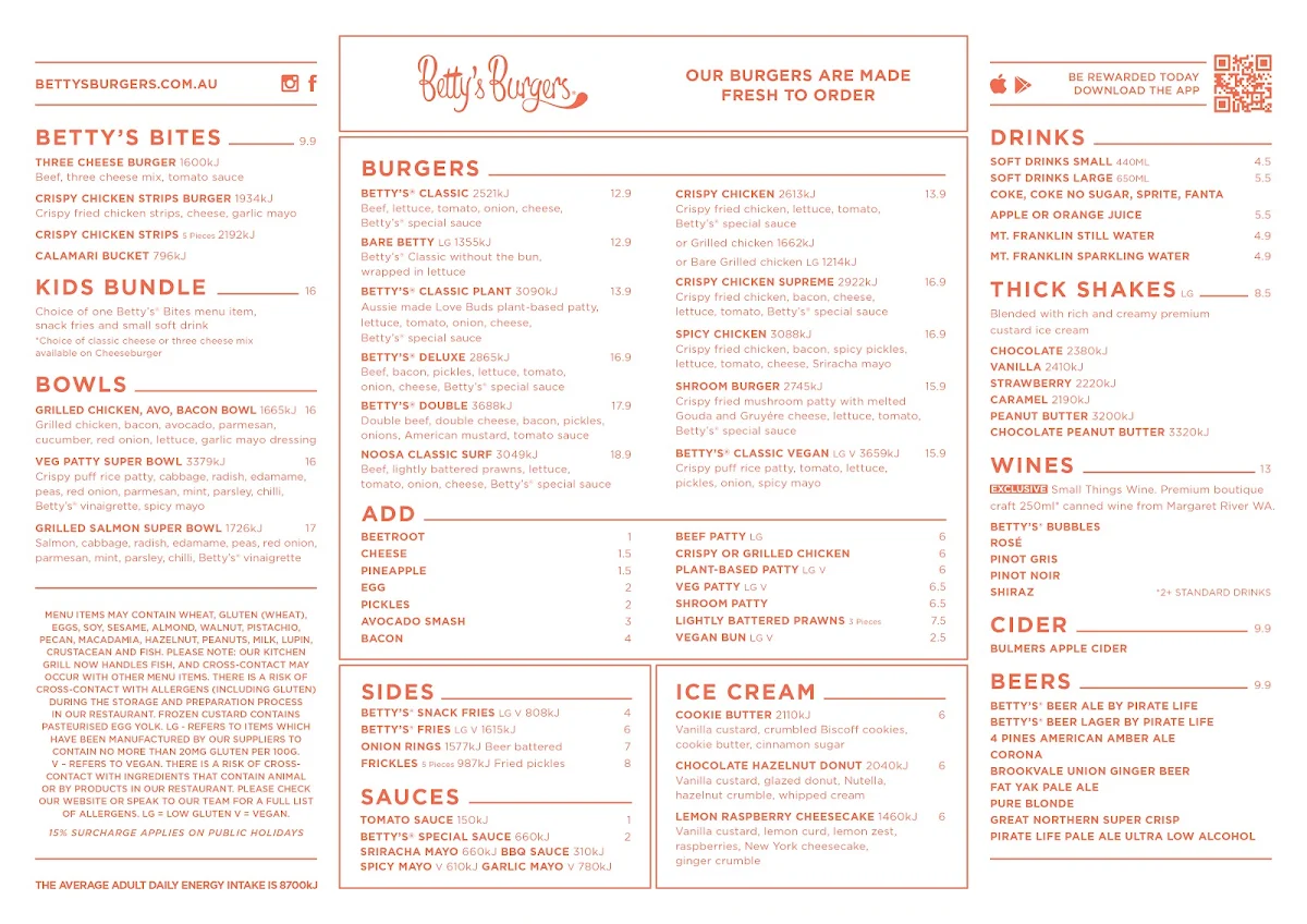 Menu, Betty's Burgers