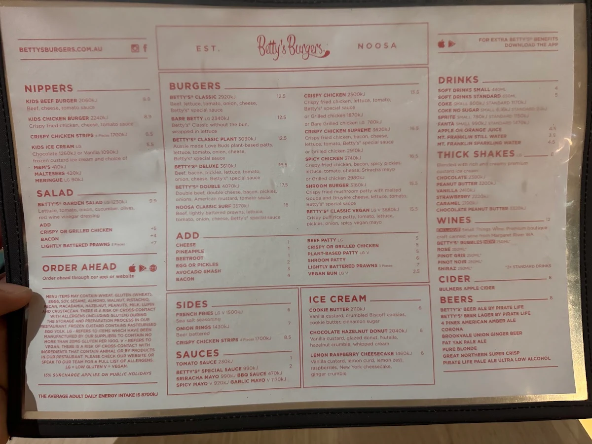 Menu, Betty's Burgers