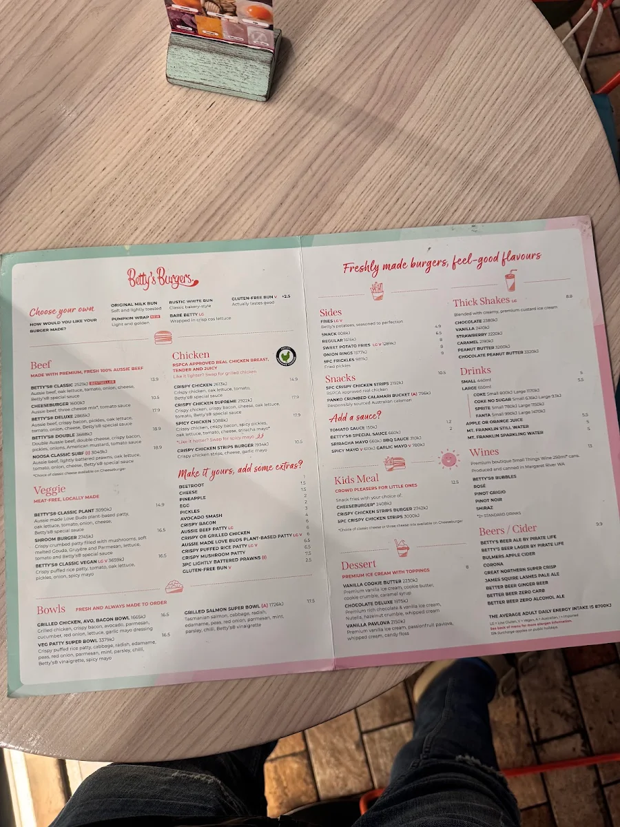Menu, Betty's Burgers