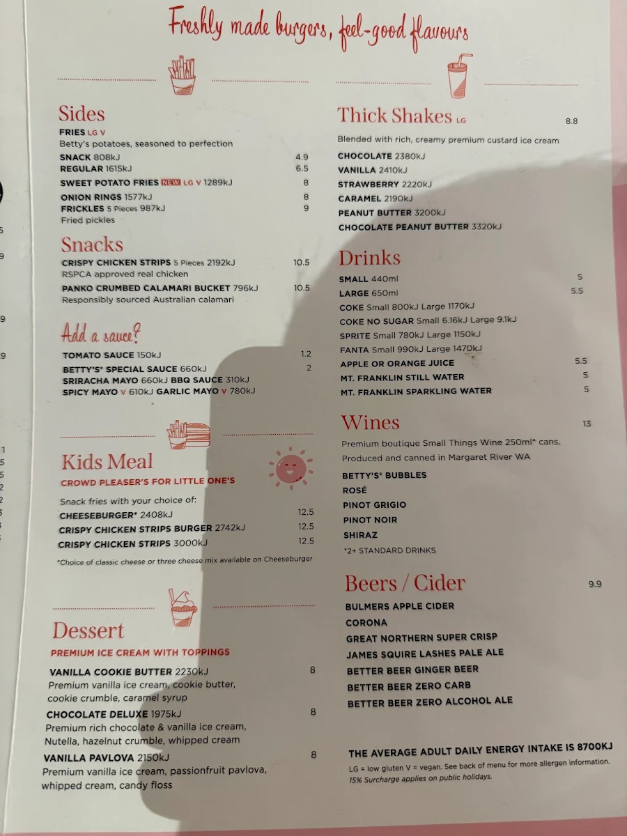 Menu, Betty's Burgers