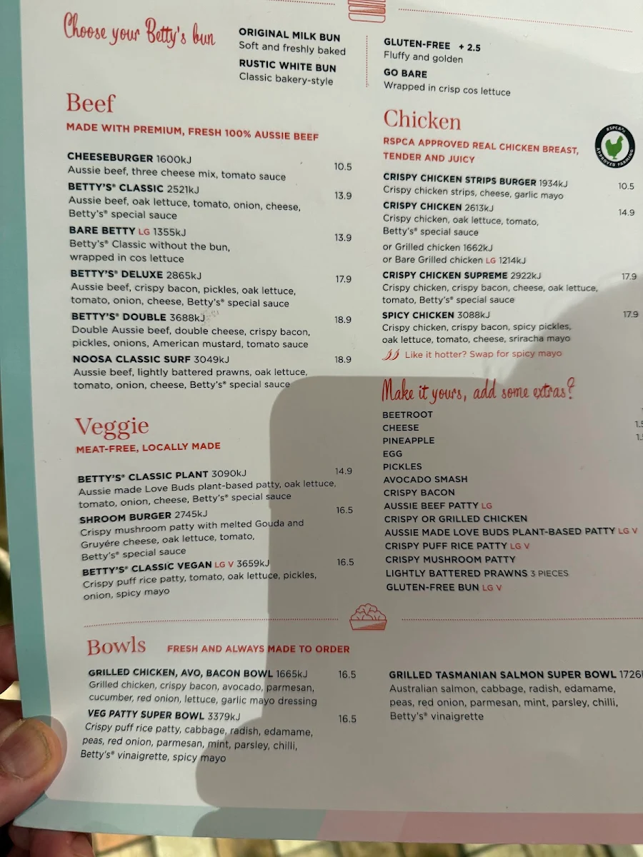 Menu, Betty's Burgers